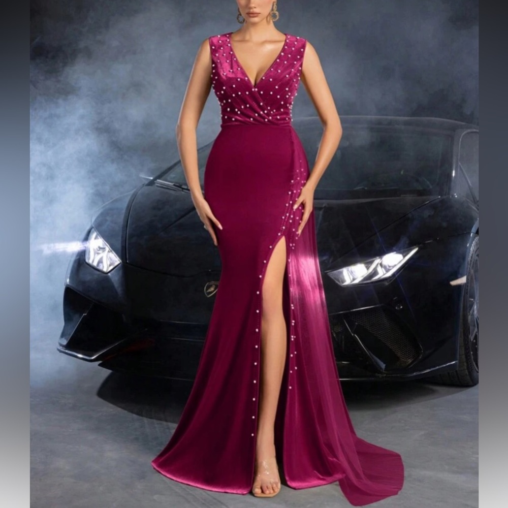 Elegant V-Neck Hot Pink Evening Gown with Side Slit